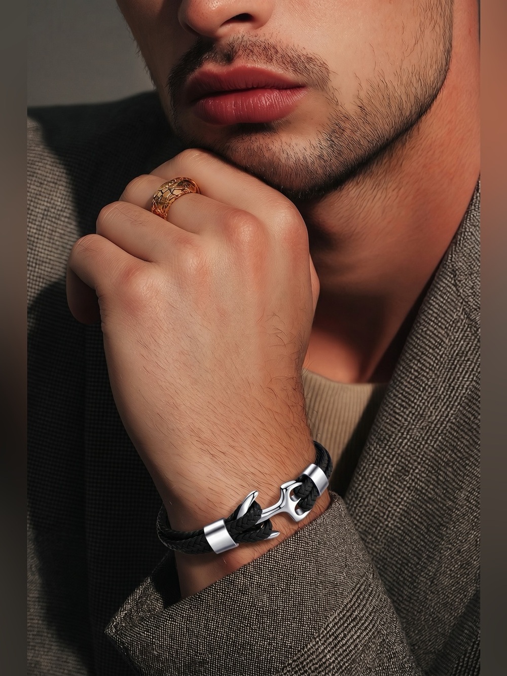 Black Braided Bracelet w/ Anchor Clasp